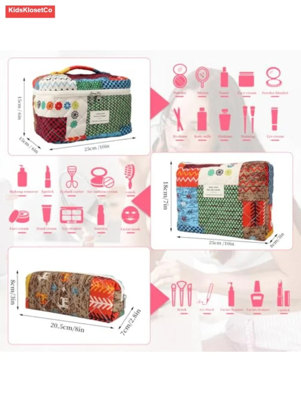 Quilted Cotton Travel Makeup Bag Set of 3 Floral Toiletry Cosmetic Organizer